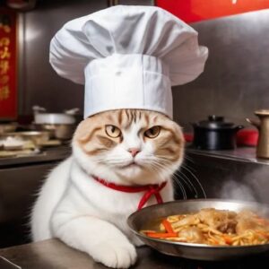 Orange cat wearing a white chef's hat.