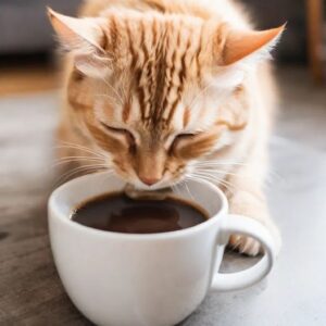 Orange cat drinking coffee from mug.