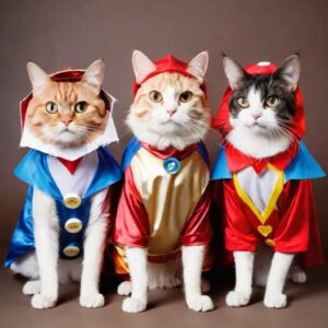 Three cats wearing red cosplay outfits.