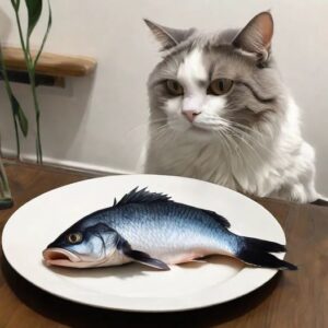 Gray cat in front of a fish on a plate.