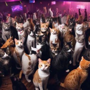 Dozens of cats in a disco club.