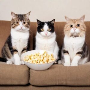 Three cats on a couch eating popcorn.