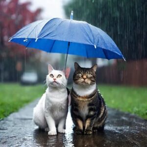 Two cats standing under an umbrella.