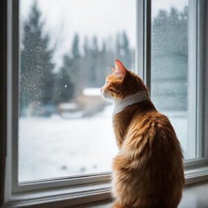 Orange cat staring out window.